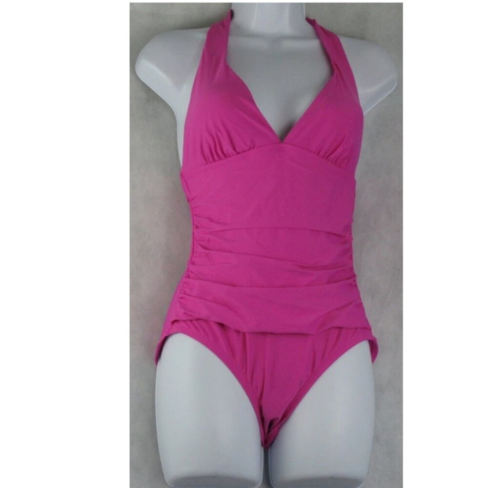 NWT DKNY Women's Plunge V-Neck Halter Style One-Piece Swimsuit, Carnation Pink